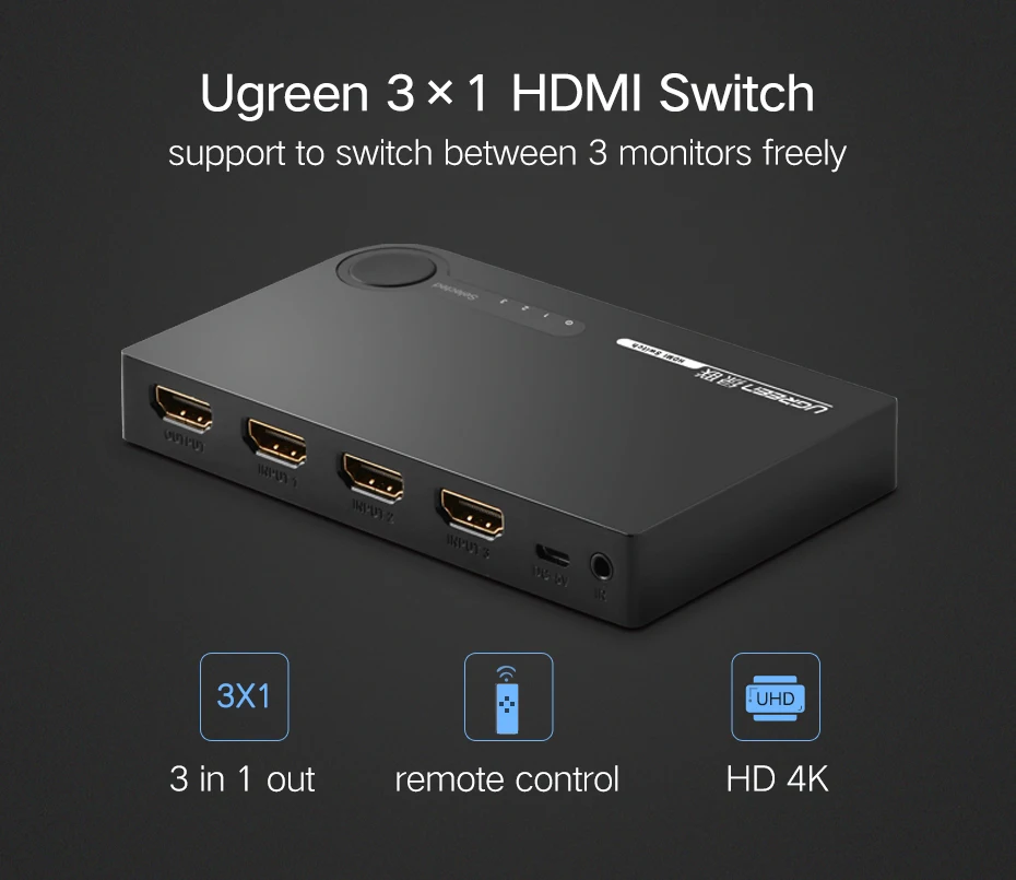 Ugreen HDMI сплиттер 3 порта HDMI Коммутатор HDMI порт для xbox 360 PS3 PS4 Smart Android HDTV 1080P 3 входа в 1 выход 4K