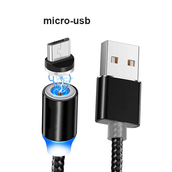 Магнитный USB кабель для быстрой зарядки мобильного телефона Micro type C Шнур для iPhone XS XR 8 7 samsung S10 S9 Xiaomi светящееся магнитное зарядное устройство - Color: black - micro