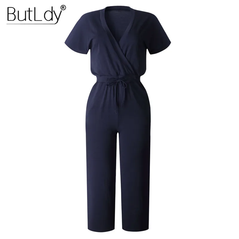 Navy Blue Лето комбинезон женский длинный комбинезон сексуальный v-образный вырез короткий рукав Повседневный обтягивающий костюм женский офисные комбинезоны спецодежда Свободный комбинезон - Цвет: Navy Blue