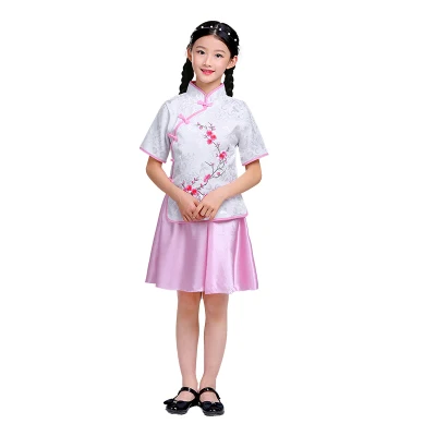 White-Short Детское китайское платье Чонсам guzheng древний костюм династии Тан одежда Цветочная вышивка qipao платье для сцены - Цвет: White-Short