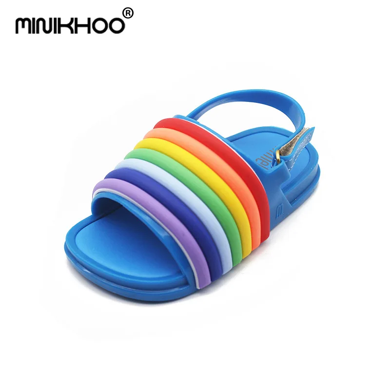 Mini Melissa/ г. Новые радужные прозрачные сандалии обувь для девочек Нескользящие пляжные сандалии для девочек детские прозрачные сандалии Melissa высокого качества - Цвет: Blue