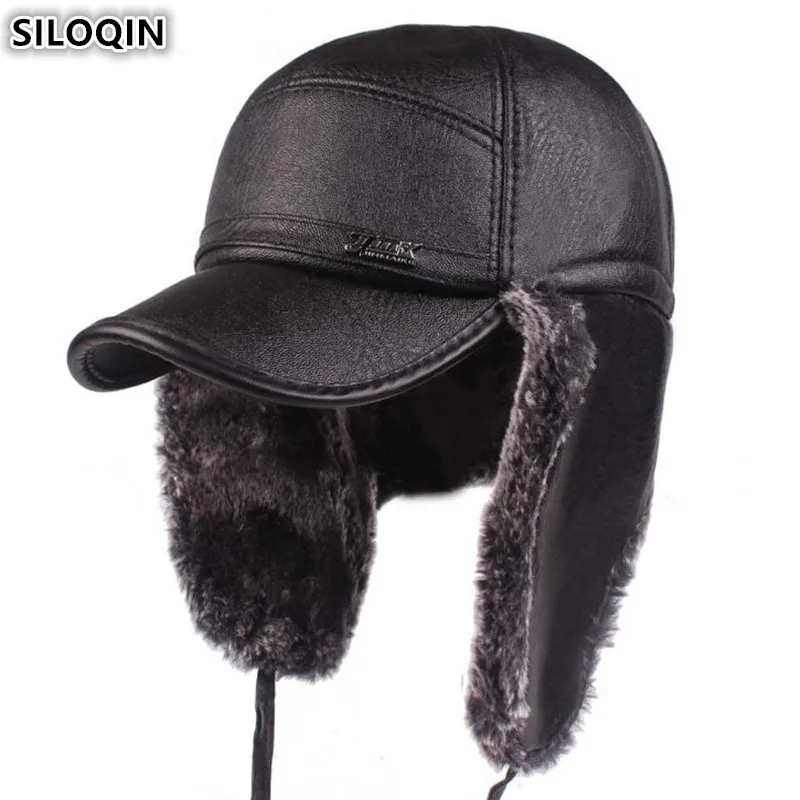 

SILOQIN Winter Men's Earmuffs Hat PU Imitation Leather Bomber Hats Velvet Thick Warm Baseball Cap For Men Middle-aged Ski Caps