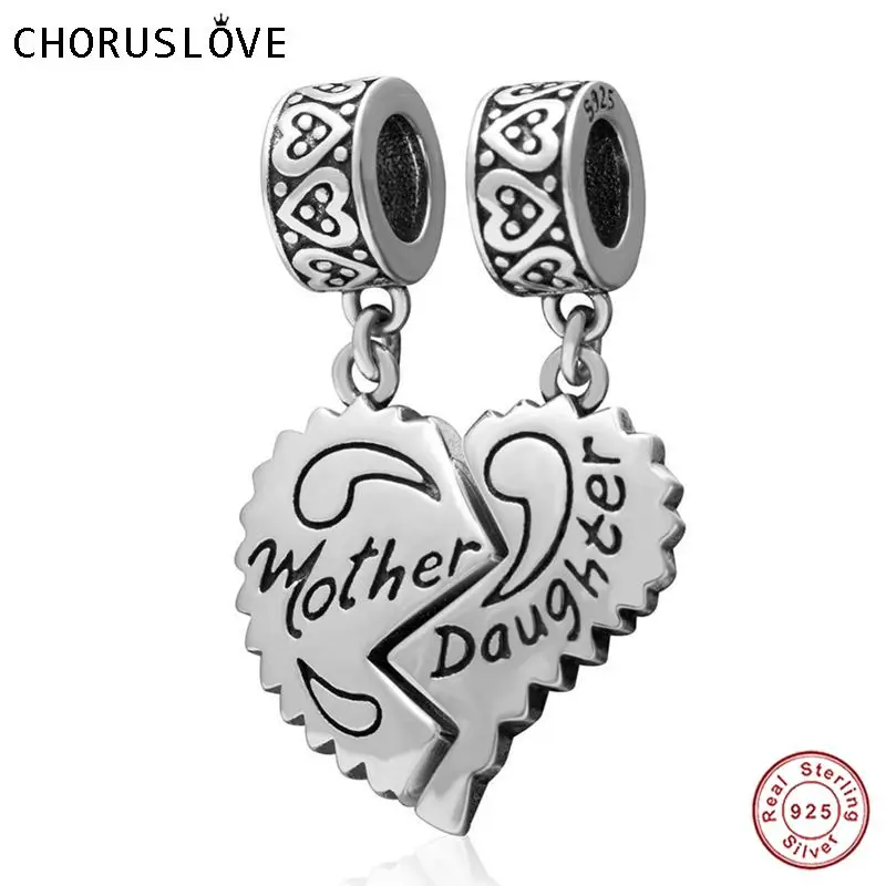 Original 925 Cterling Silver Heart Mother Daughter Dangle Charm Fits