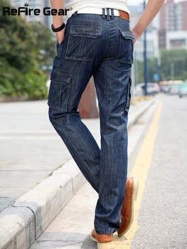 

ReFire Gear Brand Cargo Jeans Men Multi-pockets Military Biker Jeans Casual Streetwear Straight Denim Pants Tactical Male Jeans