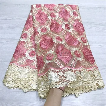 

High Quality Embroidery African Lace beads Fabric Cord French Net Lace Tulle Nigerian Lace Fabrics Guipure stones pink gold Lace