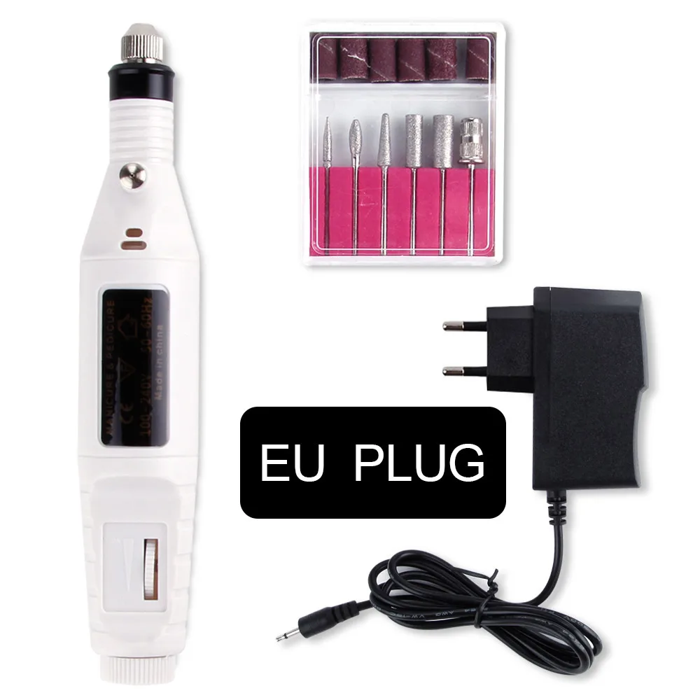 White Pen EU Plug Электрический Маникюр машина для ногтей 6 шт. шлифовальный инструмент Биты Набор головка Замена шлифовальный аппарат резаки для ногтей керамика - Цвет: White Pen EU Plug