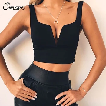 

CWLSP Sexy V neck Solid Crop Tops Women Summer Camis cropped feminino Slim Tank Top Streetwear camisa feminina QZ2950