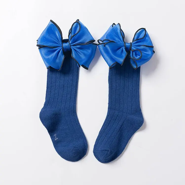 Blue Long Новинка; детские носки с бантами короткие носки для девочек, носки в полоску для малышей, Socken для маленьких принцесс короткие носки хлопок детский школьный носок 1-8Yrs - Цвет: Blue Long