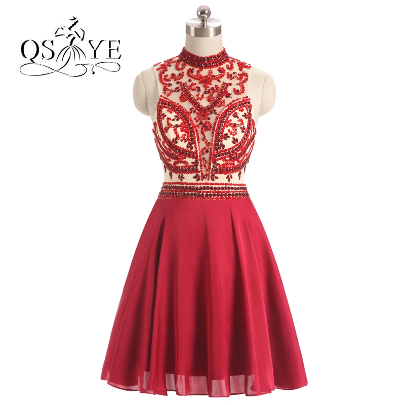 Горячая Бургундия шифон Короткие Выпускные платья Robe de Soiree Кристалл Расшитое Бисером, с высоким воротником с открытой спиной, официальное платья для вечеринок