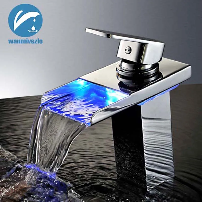 

LED Basin sink Faucet Waterfall Sink Taps Colors Change with Temperature Bathroom sink Mixer Brass Cold Hot Washing Vessels tap