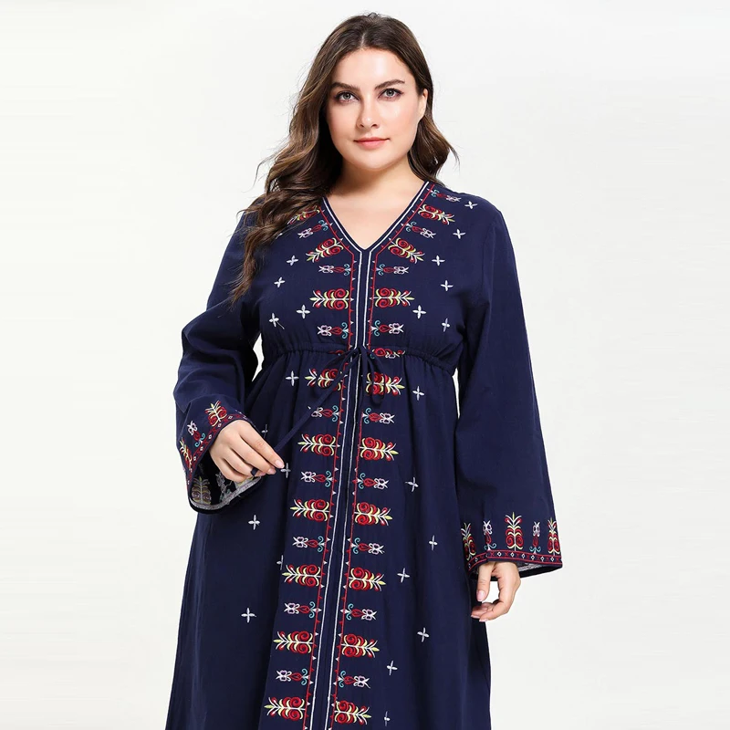 Женское мусульманское платье с вышивкой, v-образный вырез, кафтан Марокканская абайя, большие размеры, исламское платье с расклешенными рукавами, темно-синий M-4XL