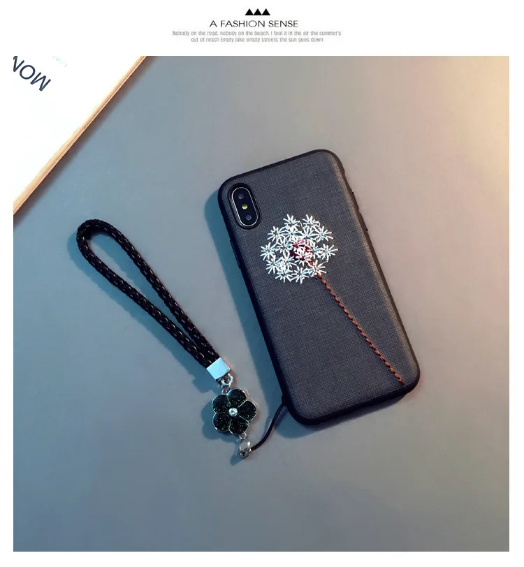 Элегантная Цветочная вышивка чехол для телефона iPhone XS X 8 8 Plus 7 7 Plus 6 6s Plus с коротким шнурком