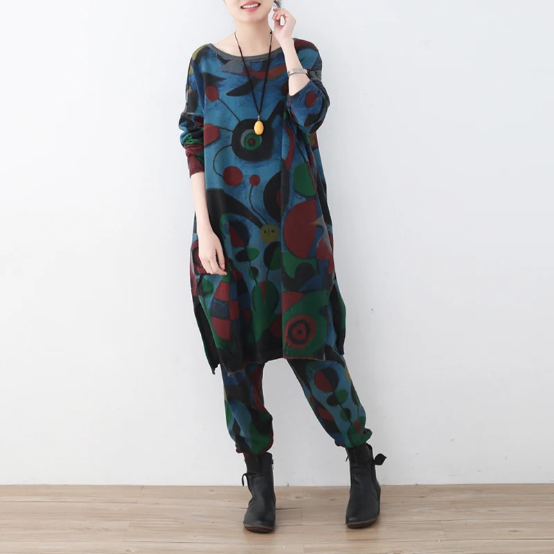 Johnature Women Vintage Pullover Sweater Print Floral 2021 Spring New Clothes Bat Sleeve O-Neck | Женская одежда