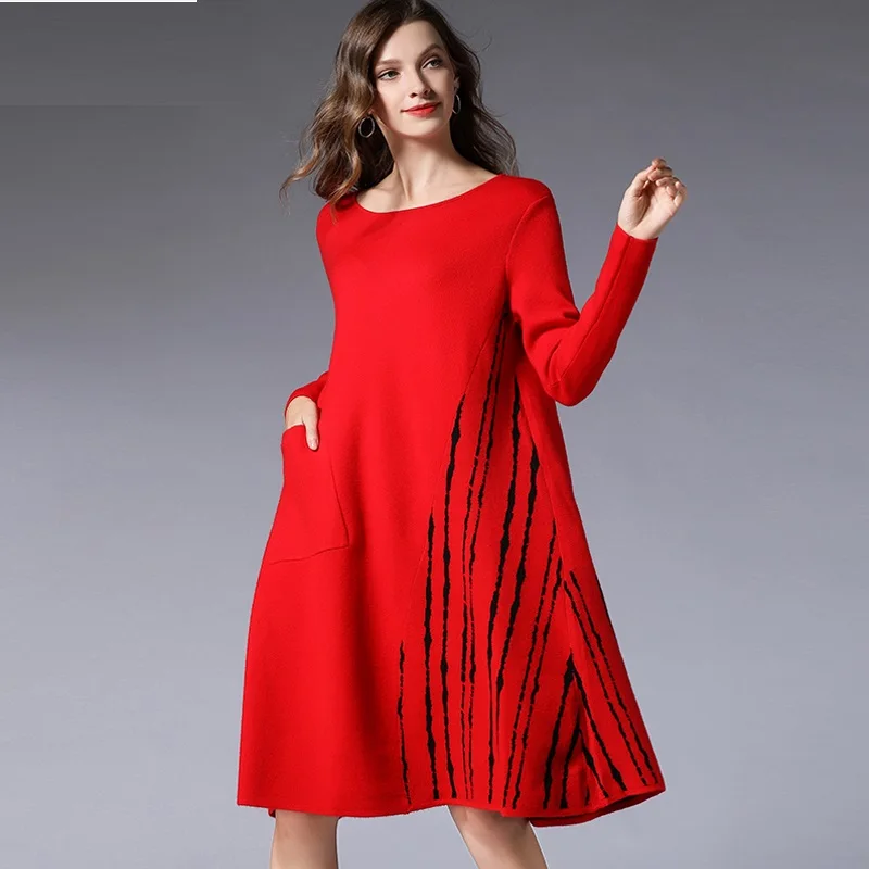 New Lady Sweater Dress Loose Fit Knitted Dress Contrast Color Casual