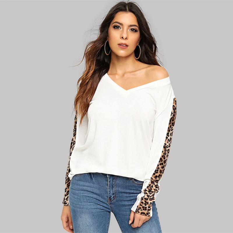 SHEIN Футболка С V-Образным Вырезом С Леопардовым Принтом Модная Футболка С Длинным Рукавом