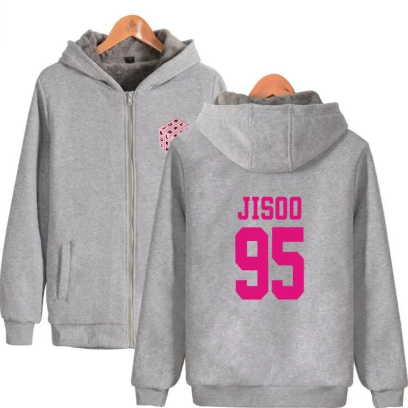 Черный, розовый KPOP blackpink квадратных альбом розовый балахон JISOO Лиза Роза Дженни зимние толстые теплые молнии с капюшоном верхняя одежда - Цвет: gray 04