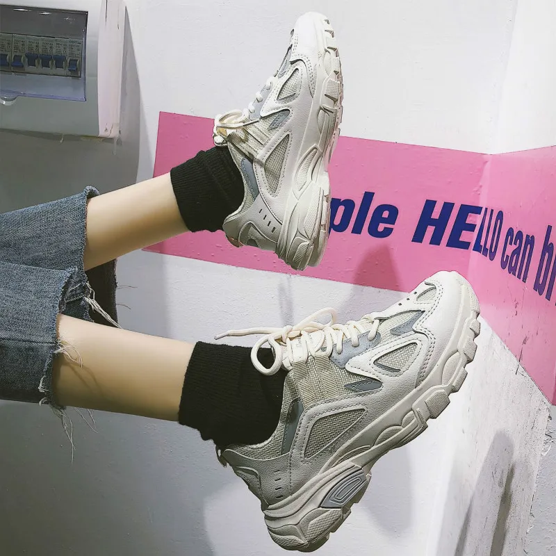 

2019 Women Breathable Mesh Sneakers leisure Dad Shoes woman Autumn White clunky Sneakers with Retro Platform ladies footwear