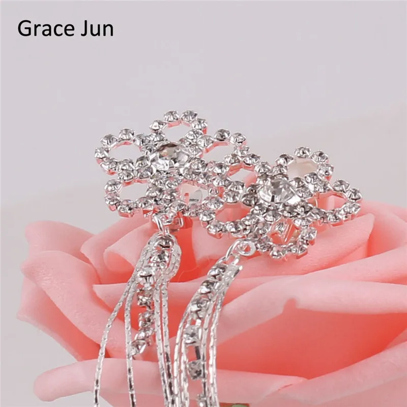 Бренд Grace Jun(TM) Новая мода цветок Кисточки клипсы со стразами на серьги без необходимости прокола вечерние свадебные украшения без отверстия уха клип Bijoux