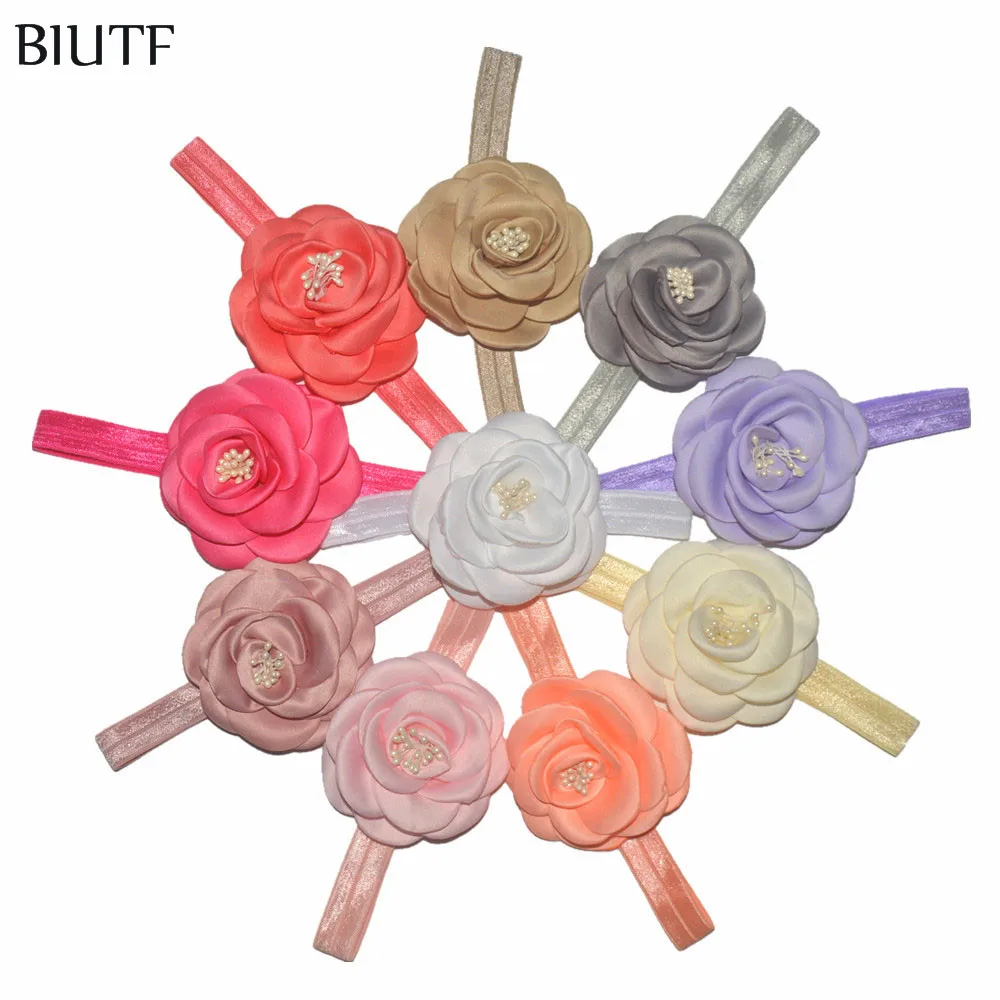 22 шт./лот очень красивая атласная повязка на голову с цветком камелии эластичная