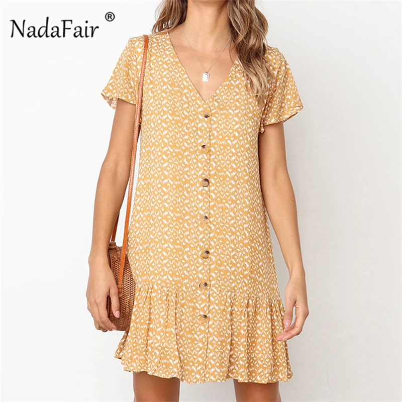 

Nadafair boho polka dot dress ruffles single-breasted casual beach summer dress female short sleeve loose mini dot dress 2019
