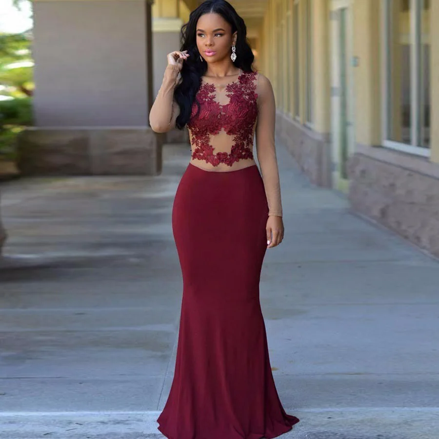 Wedding Prom Dresses Long Sleeve online buy wholesale maroon laced long sleeve prom dresses from sexy mermaid sleeves 2017 sheer illusion bodice lace appliques formal evening