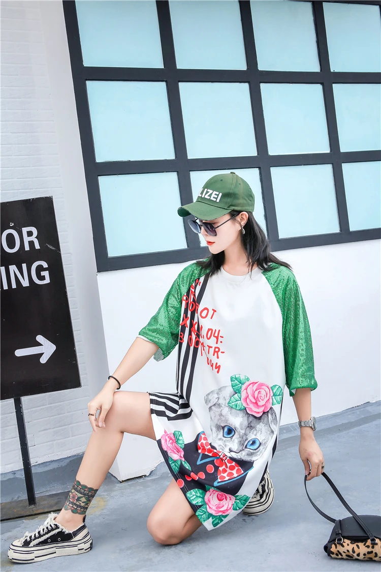 summer new European station fashion sequins casual skirt short-sleeved personality print loose dress women's tide