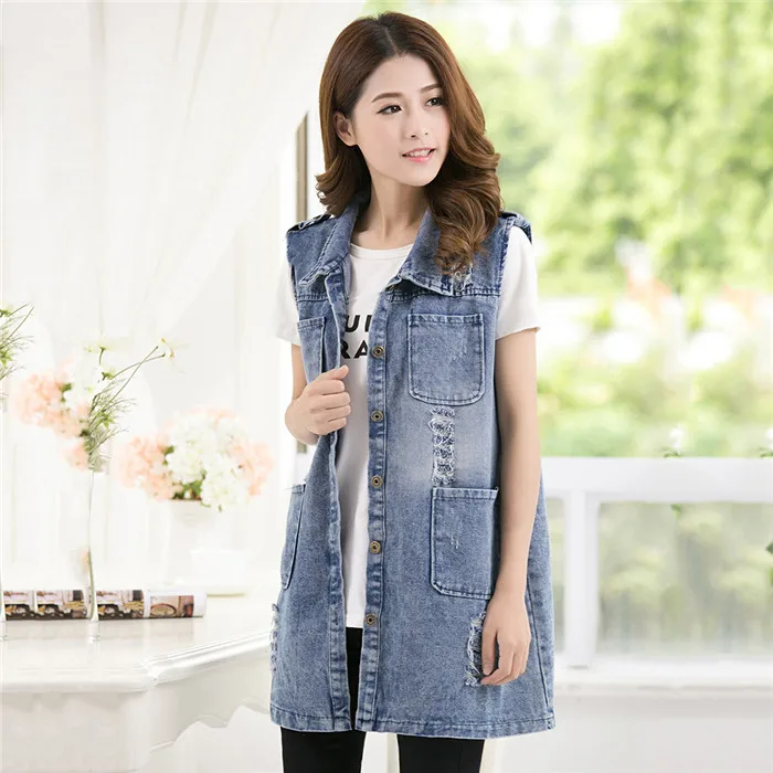 Для женщин жилет большого размера весна тонкий однобортный деним куртки без рукавов осень средней длины дамы Джинсовый жилет 5XL JIA242