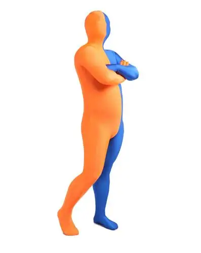 Лайкра оранжевый и синий Разделение Zentai полный боди