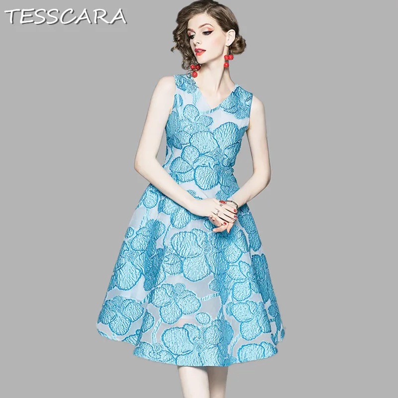 Blue TESSCARA женское летнее элегантное жаккардовое платье Festa женское высококачественное свадебное праздничное платье Femme дизайнерское длинное синее платье на бретелях Vestidos - Цвет: Blue