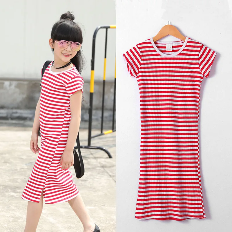 Летние хлопковые платья для девочек одежда подростков в красную полоску