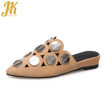 

JK 2018 New Summer Women Slippers Fashion Casual Mules Shoes Metal Decoration Ladies Slides Shoes Flat Sole Pointed Toe Footwear