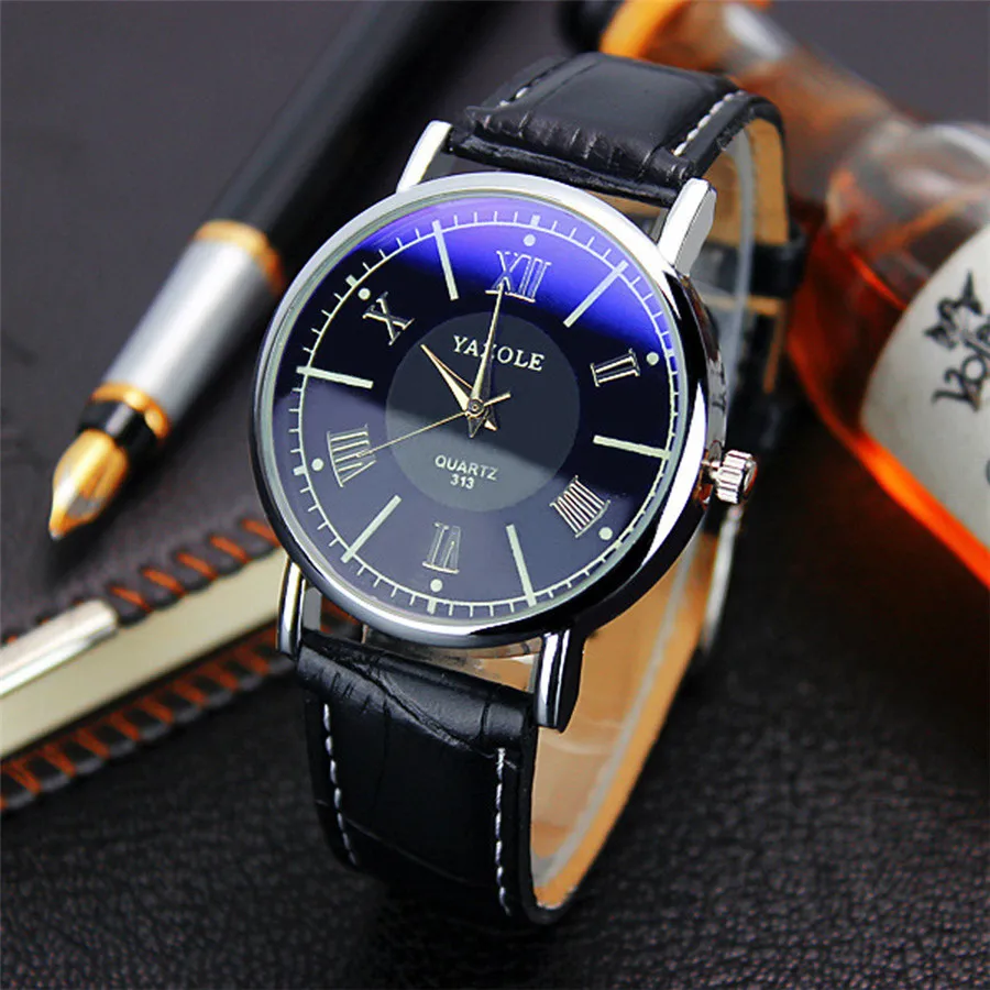 Mens Roman Numerals Blue Ray Glass Watches Men Luxury Leather Analog