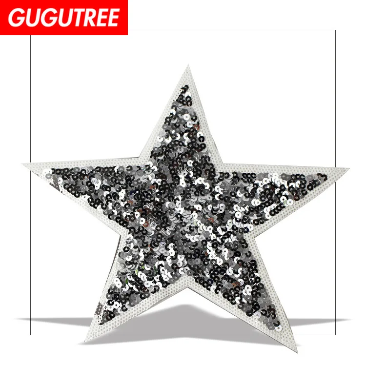 

GUGUTREE embroidery Sequins big star patches silver patches badges applique patches for clothing XC-430