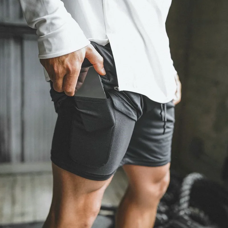 

Mens Secure Pocket Shorts 2-Layers Workout Fitness elastic waist Short Quick-drying Breathable 2 in 1 Joggers shorts