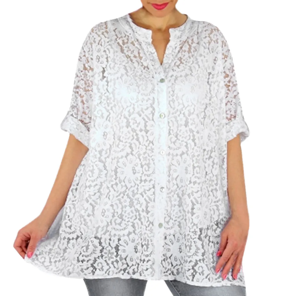 

Women Lace Blouses Sexy Shirts Autumn V-Neck Tunic Blusas Tops Loose Elegant White Blouse Mujer Camisas 2019 5XL Plus Size #G1