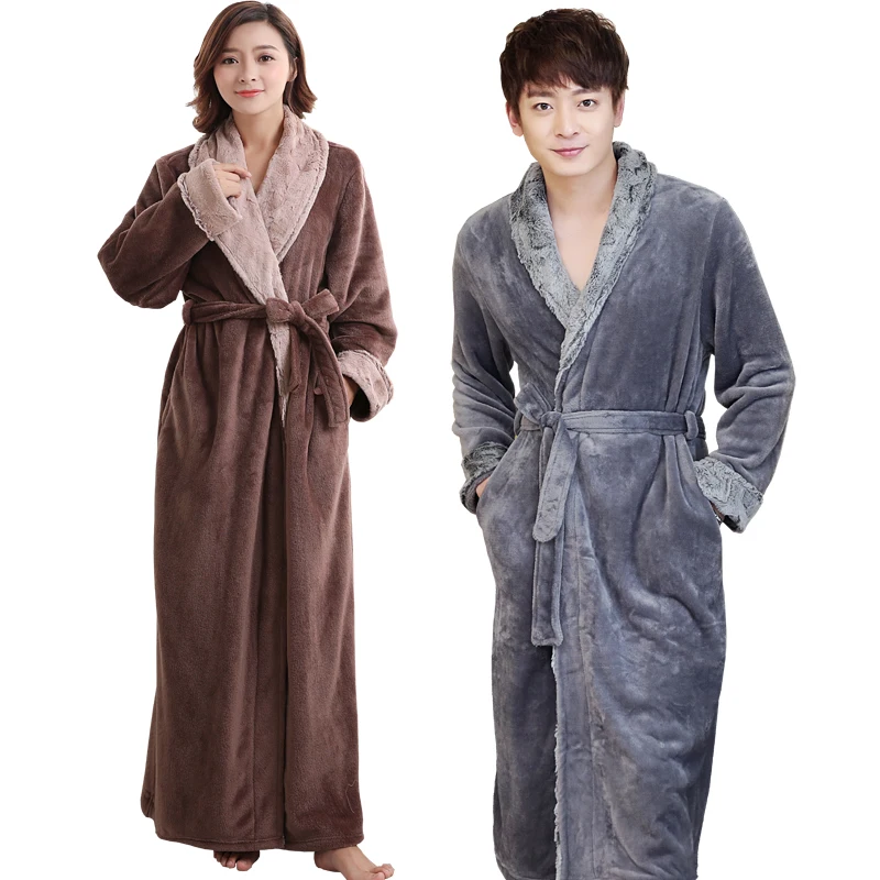 

Lovers Soft fur Extra Long Thermal Bathrobe Men Plus Size Thick Flannel Warm Kimono Bath Robe Male Dressing Gown Winter Robes