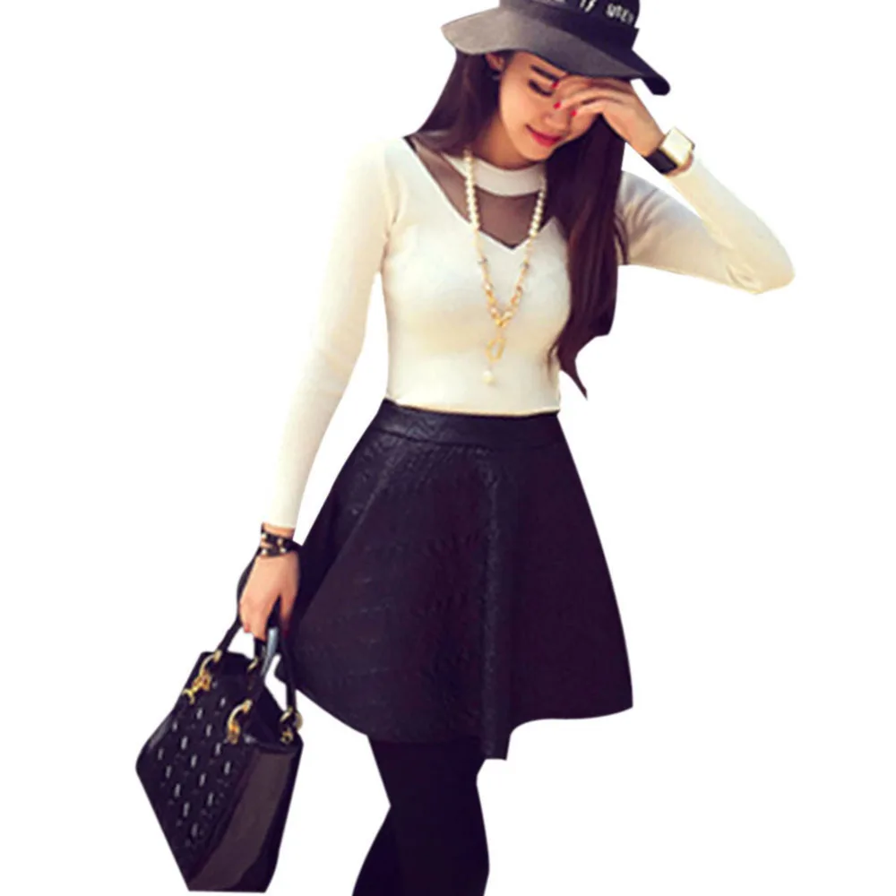 Hot Women Sexy Mesh Sheer Splicing Long Sleeve Slim Knitwear Shirts Tops Blouse