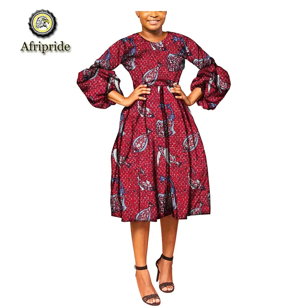 AFRIPRIDE New African Design Bazin Long Sleeve Dashiki Dress For Lady O-Neck Spring&Summer Knee-Length dresses S1925011