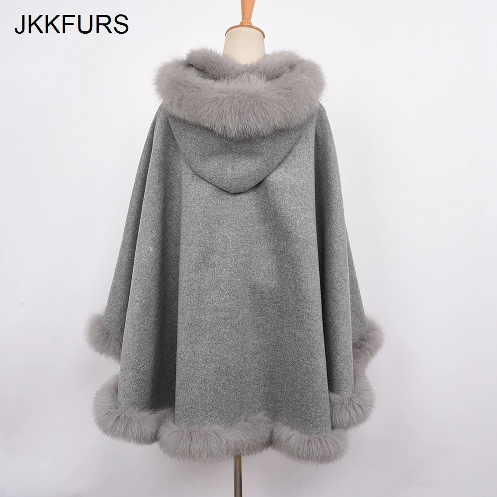 JKKFURS натуральный Лисий Мех обертывания женские зимние шарфы шарф женский Пончо теплый модный и шерстяной плащ съемный для женщин с капюшоном S1723