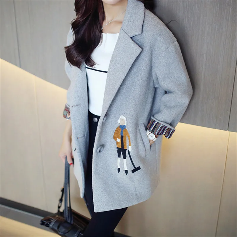 

2019 Autumn women coats,European fashion Female woolen jackets Embroidery outwear winter grey coats cashmere coat femme