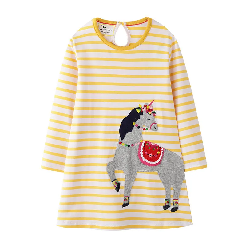 Jumping meter/платья с длинными рукавами для маленьких девочек; хлопковая одежда принцессы с аппликацией; вечерние детские осенние платья-пачки в полоску с изображением животных