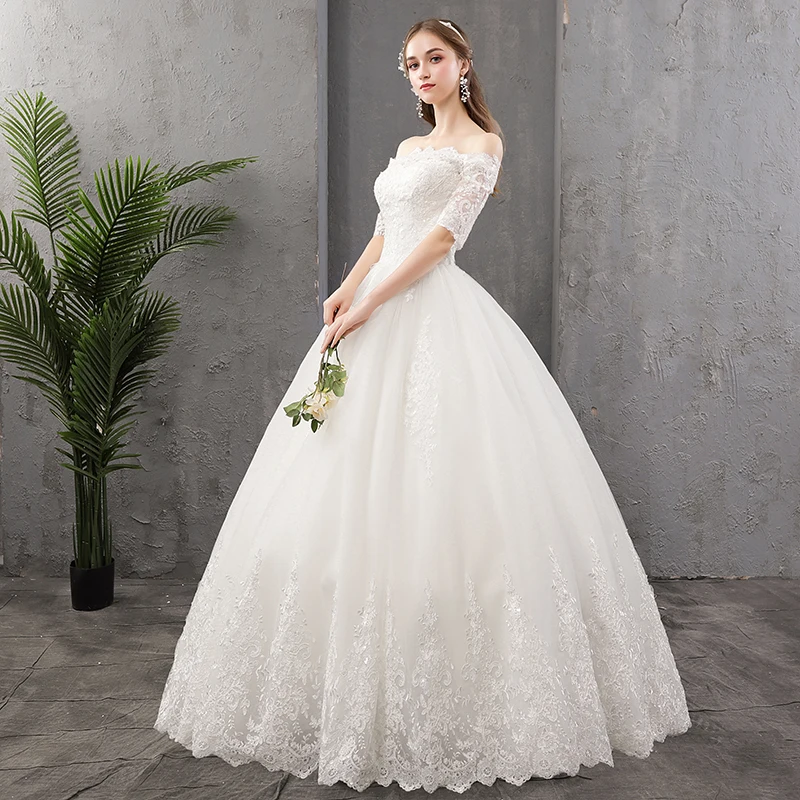 Vestidos De Novia элегантное кружевное свадебное платье элегантное платье с вырезом "лодочка" через плечо Аппликация блесток свадебное платье халат De Mariage 30