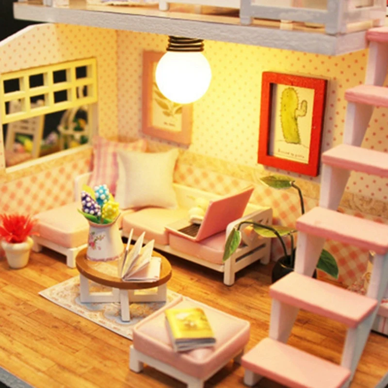Toys for Children Miniature Diy Puzzle Toy Doll House Model Wooden Furniture Toys Birthday Christmas Gifts Pink Loft Villa