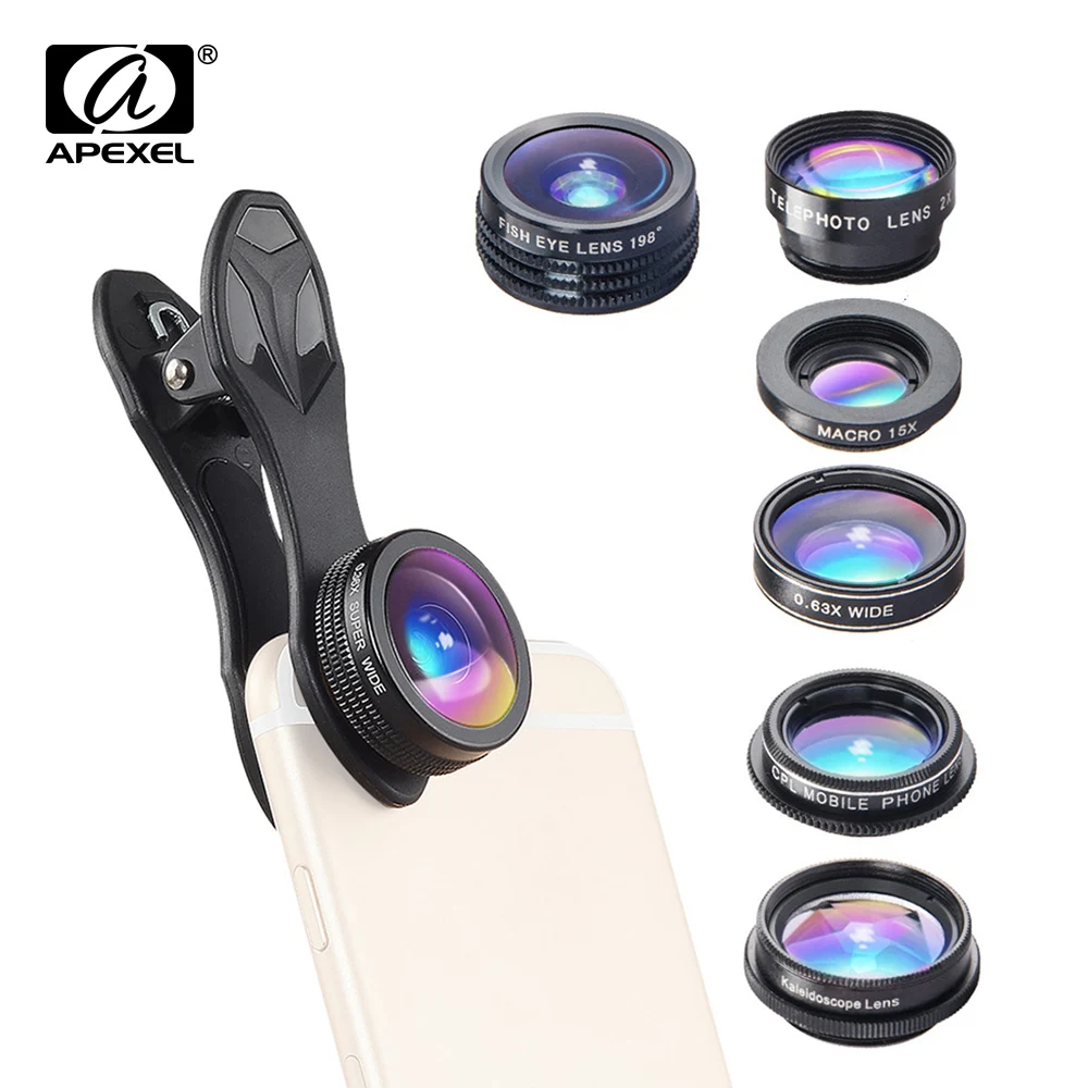 

APEXEL APL-DG7 7 in 1 Cellphone Lens Kit 0.36X Wide Angle Macro Lens CPL 2X Telescope Lens for iPhone Samsung Photography
