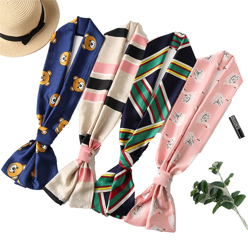 

Royalmaybe Women Fashion Ribbon Silk Scarf Beautiful Solid Design Girls Neckerchief Small Neck Scarves print ring for lady