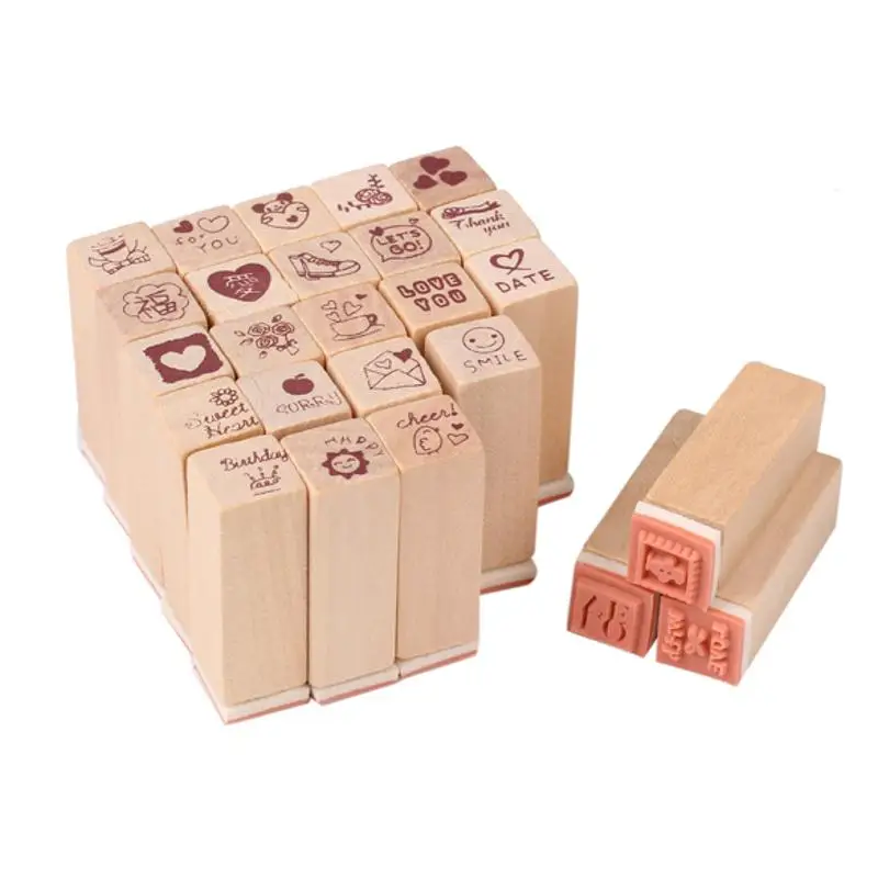 

25pcs Love Diary Wooden Rubber Stamp Set DIY Interest Scrapbooking Photo Album Paper Cards Stamping Stamps Set with Wooden Box