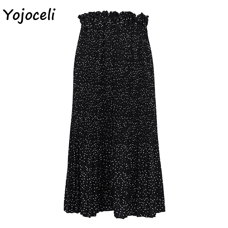 Yojoceli,, Сексуальная плиссированная юбка в горошек, нижняя, для женщин, осень, зима, бохо, пляжная юбка миди, большая, маятниковая, юбка - Цвет: Черный