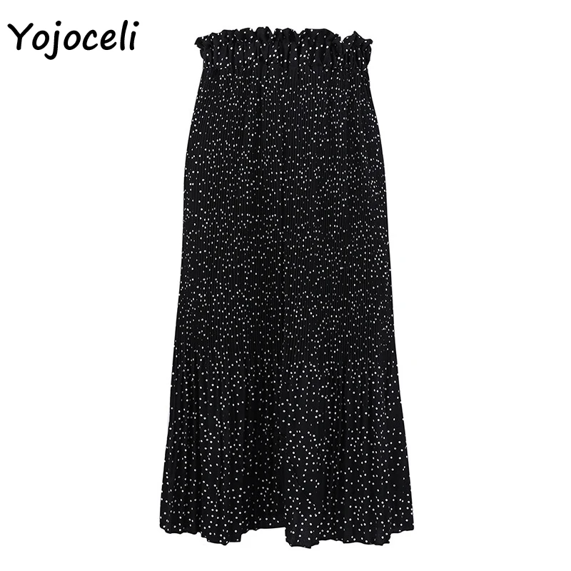 Черный Yojoceli,, Сексуальная плиссированная юбка в горошек, нижняя, для женщин, осень, зима, бохо, пляжная юбка миди, большая, маятниковая, юбка - Цвет: Черный