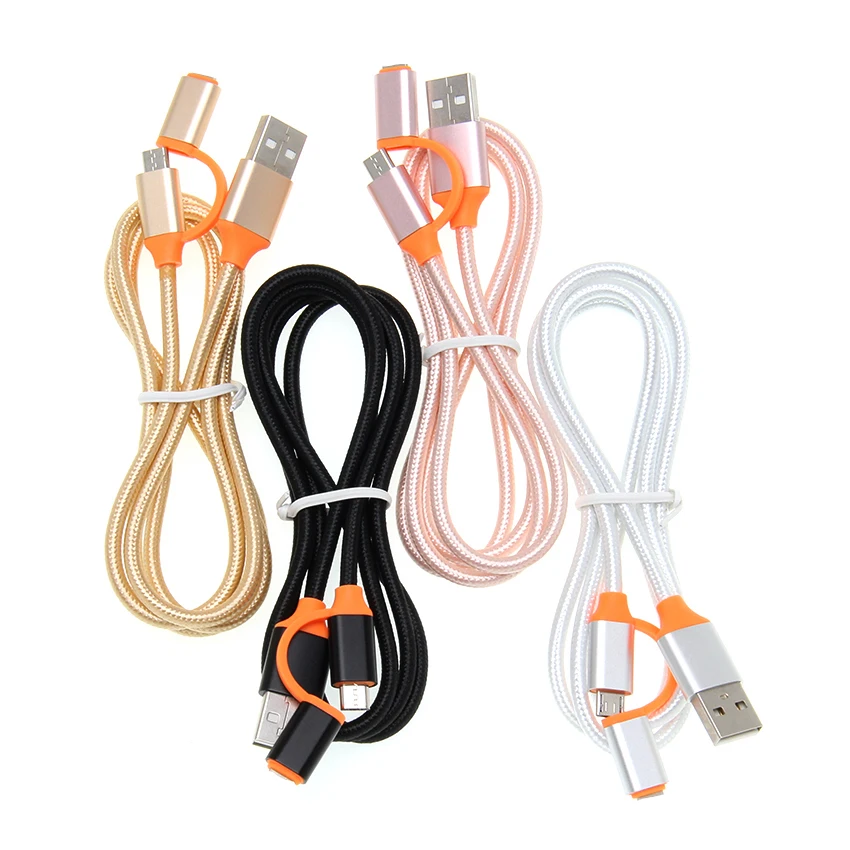 

300pcs/lot Micro USB 2 in 1 Nylon Braided Charge Cable For iPhone 7 8 Plus X For iPad Fast Charger Cables For Samsung Xiaomi