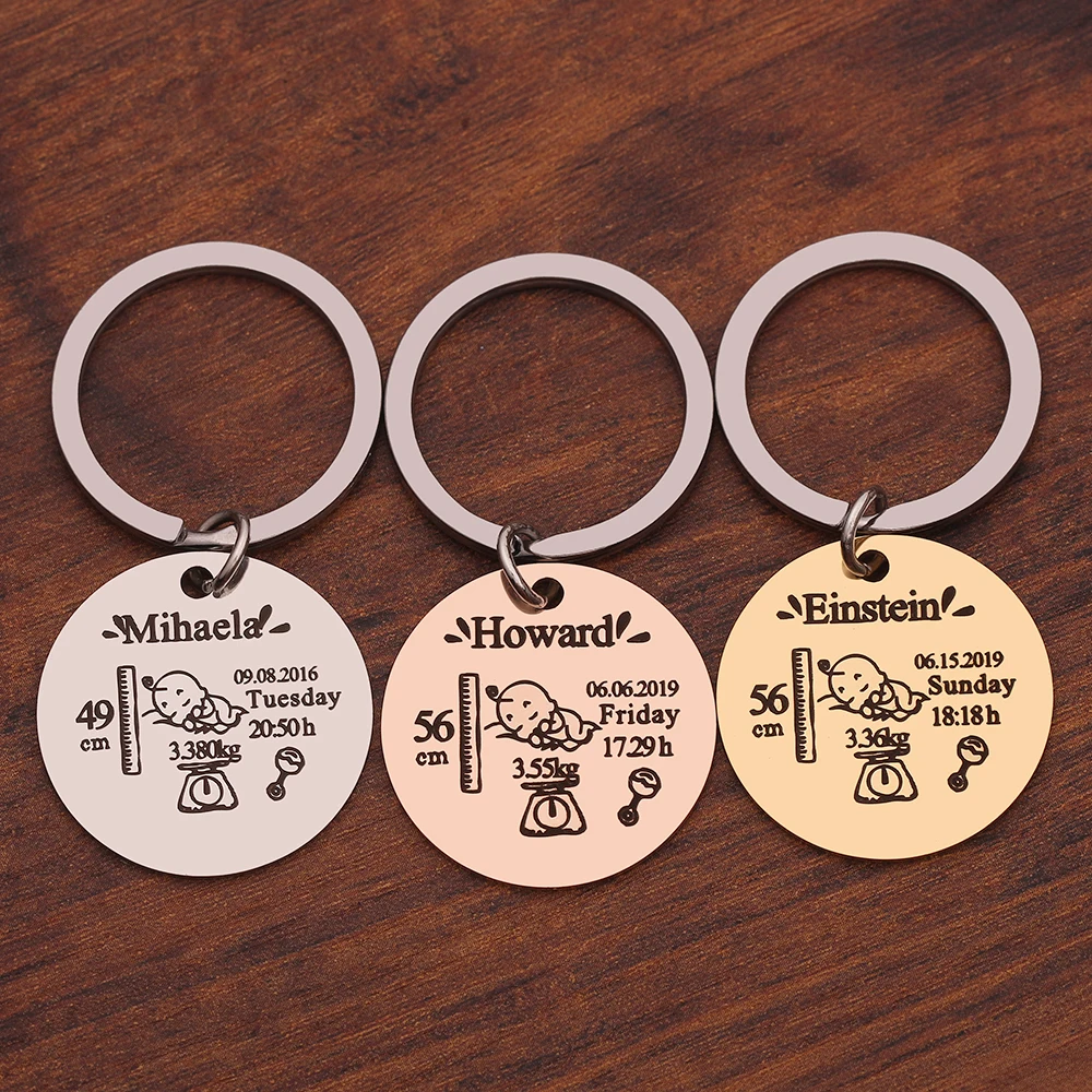 

Baby Round Custom Keychain Engraving Newborn Name Weight Time Height Of Birth KeyChain Jewelry Commemorate Gift For New Dad Mom